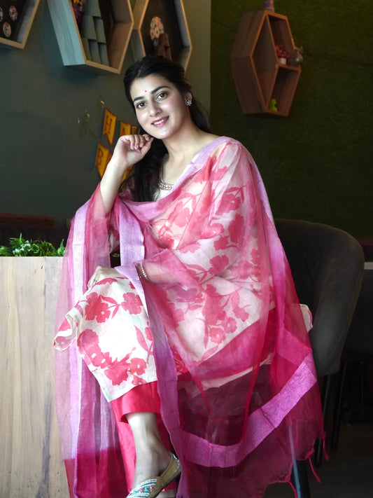 Sparkling Hot Pink Ombre Organza Ready to Wear Silk Kurti Set Geetha Creation