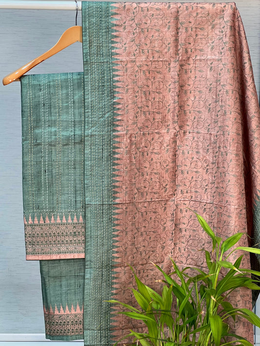 Gorgeous Pink and Chikoo Embroidery with Kantha Unstitched Salwar Set Geetha Creation