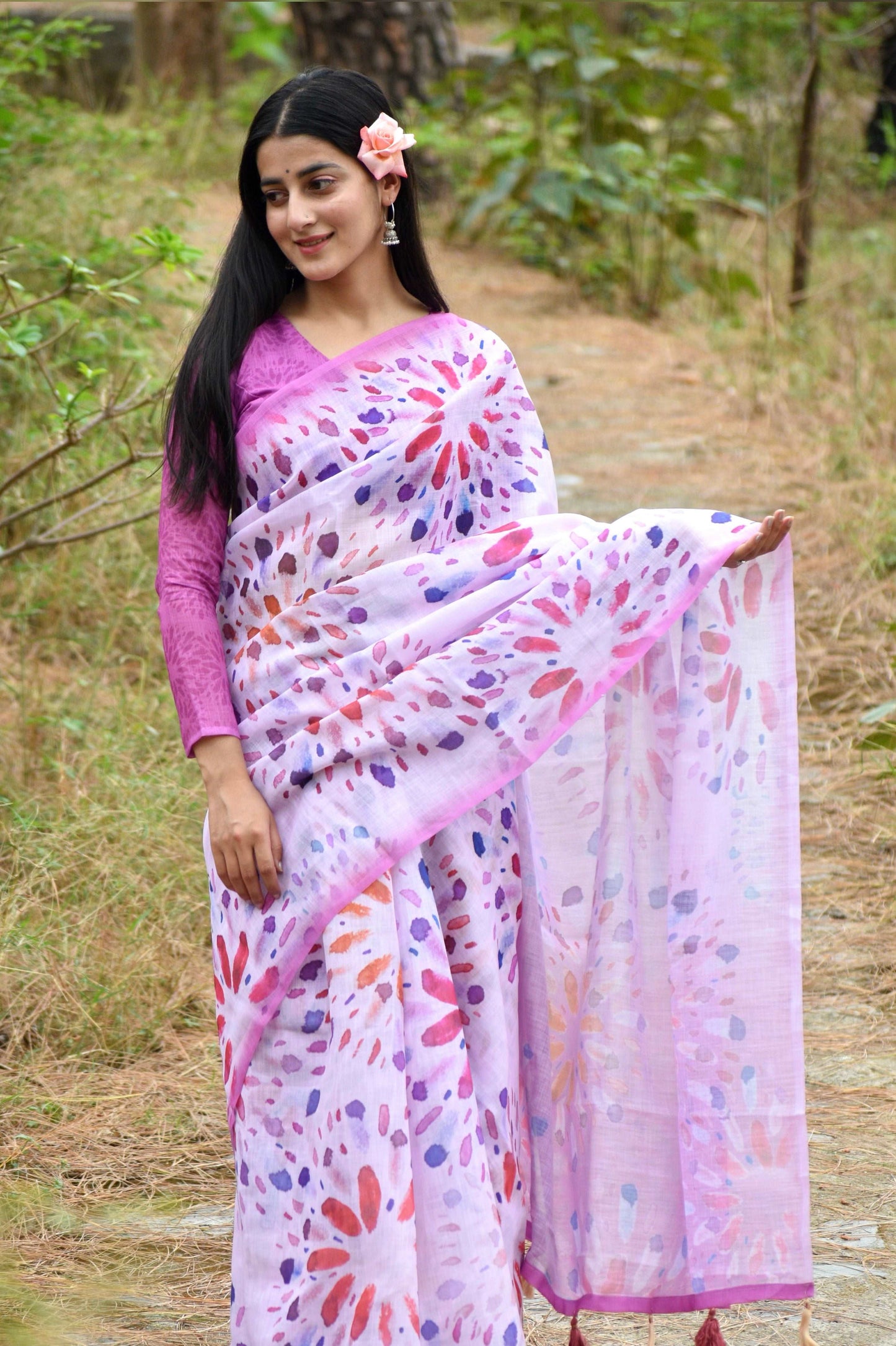 Bursting Rainbow Pink Abstract Linen Saree