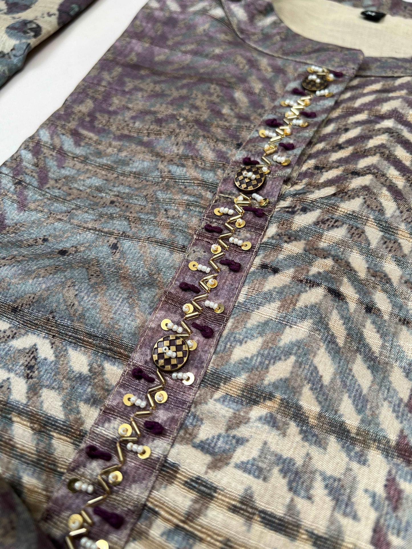 Purple with Chikoo Ready to Wear Silk Kurti Set