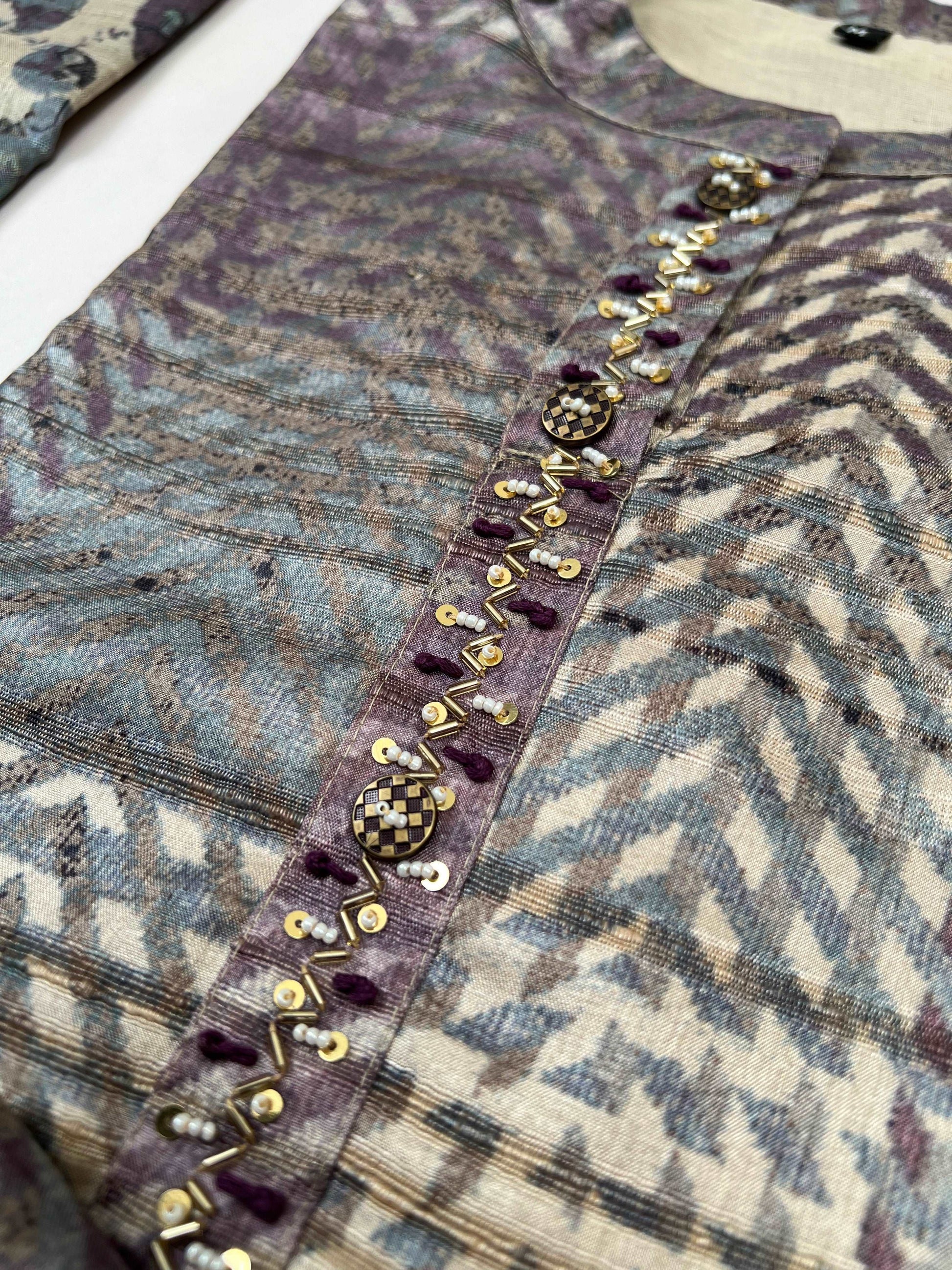 Purple with Chikoo Ready to Wear Silk Kurti Set