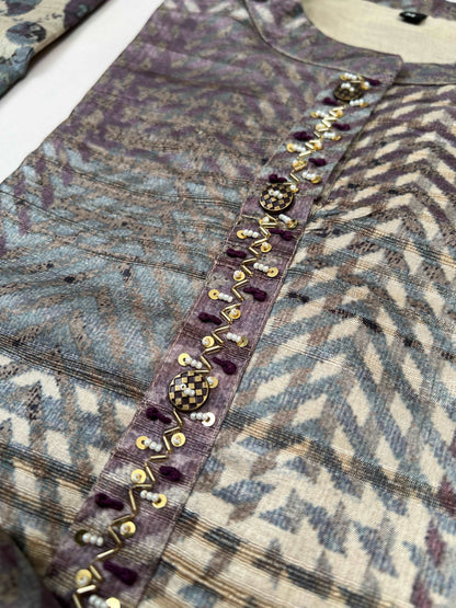 Purple with Chikoo Ready to Wear Silk Kurti Set