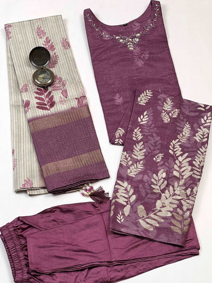 Luxurious Wine Floral Ready to Wear Silk Kurti Set