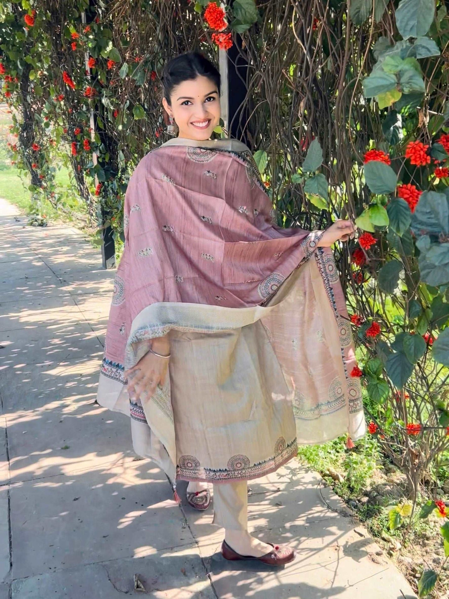 Pink with Chikoo Madhubani Ready to Wear Silk Kurti Set