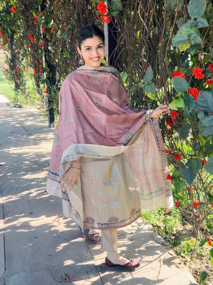 Pink with Chikoo Madhubani Ready to Wear Silk Kurti Set
