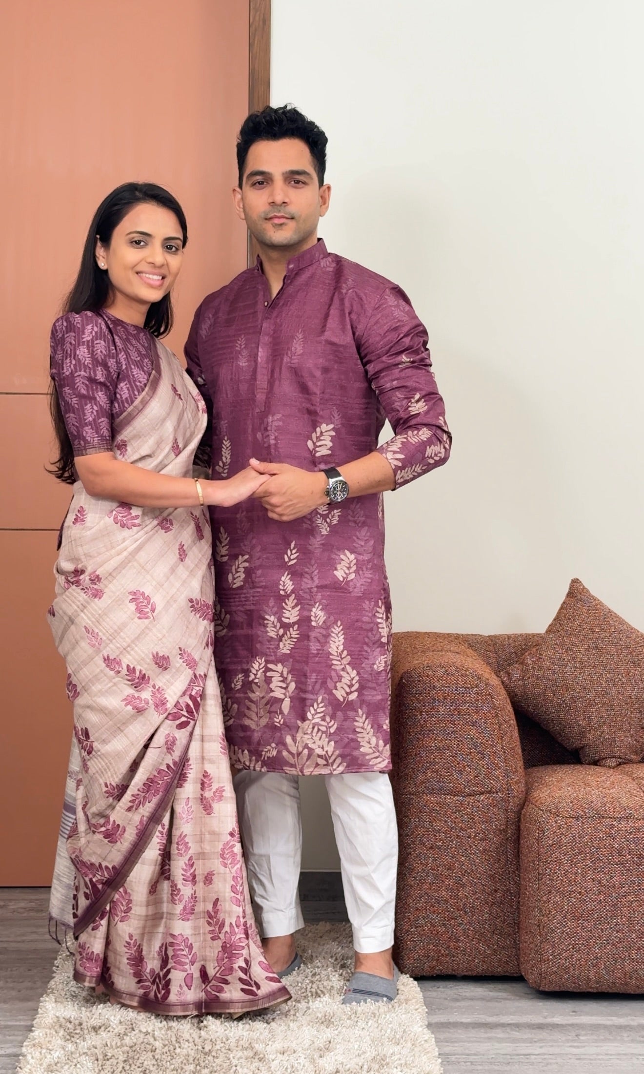 Leafy Wine Unstitched Couple Set Geetha Creation