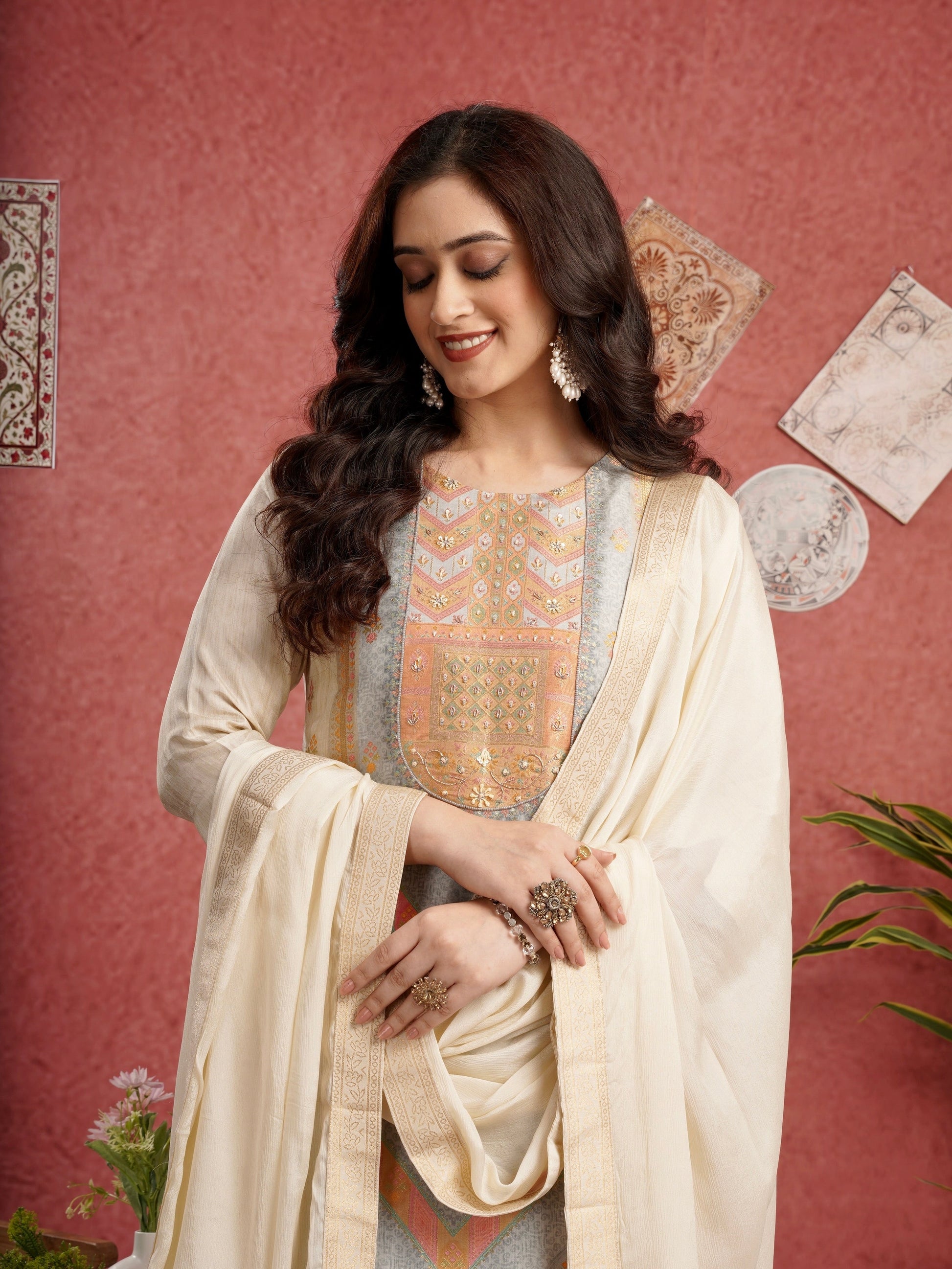 Classic Ivory Ready to Wear Pure Dola Silk Kurti Set Geetha Creation