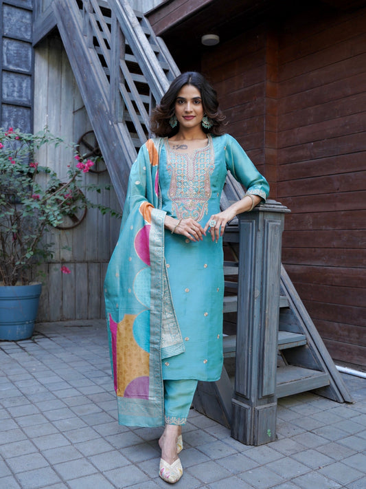 Glittering Teal Soft Tissue Ready to Wear Silk Kurti Set Geetha Creation