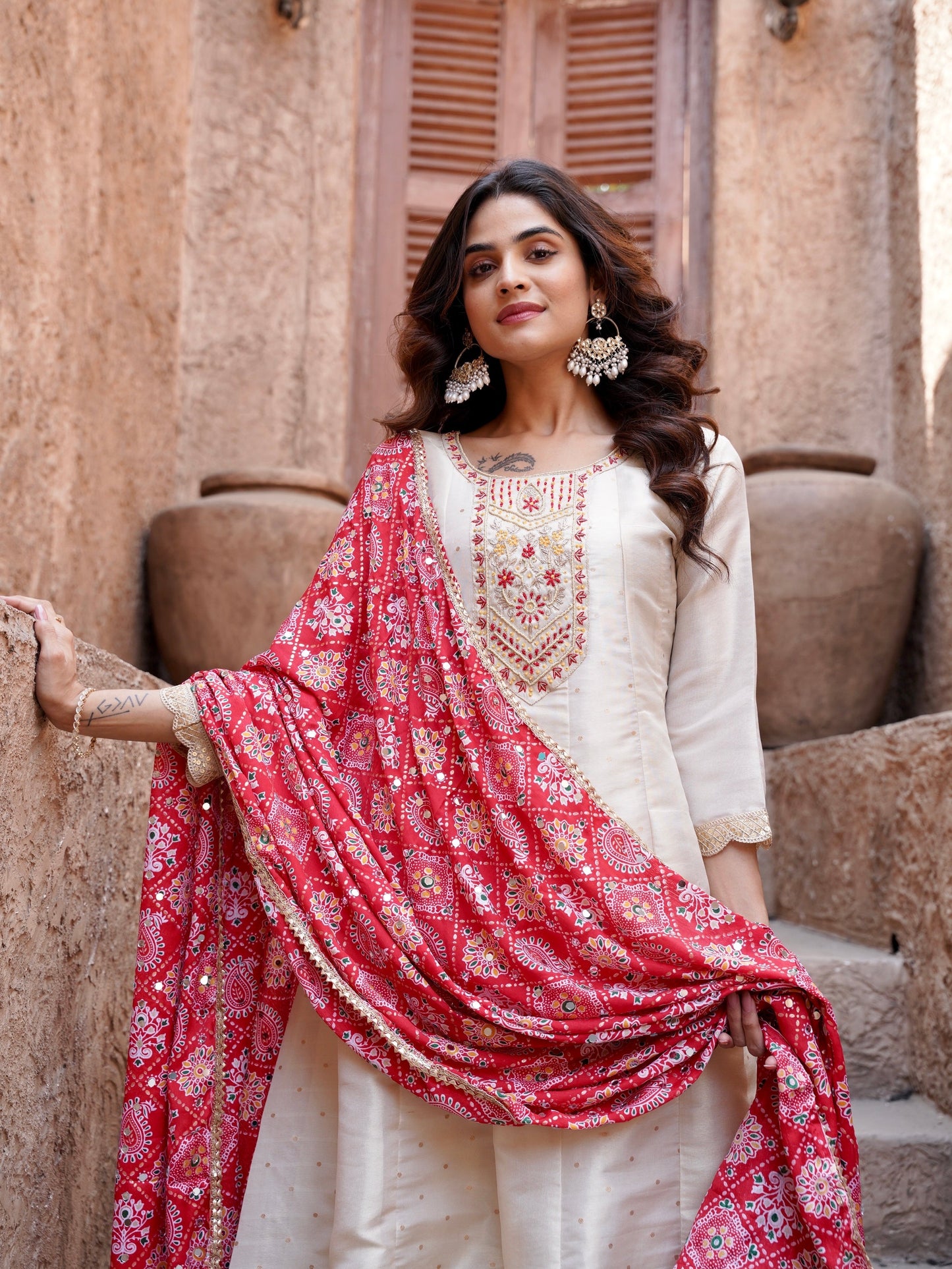 Classic Red and Ivory Ready to Wear Dress Geetha Creation
