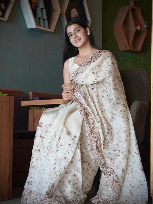 Mother of Pearl Soft Satin Fully Embroidered Saree CSE Geetha Creation