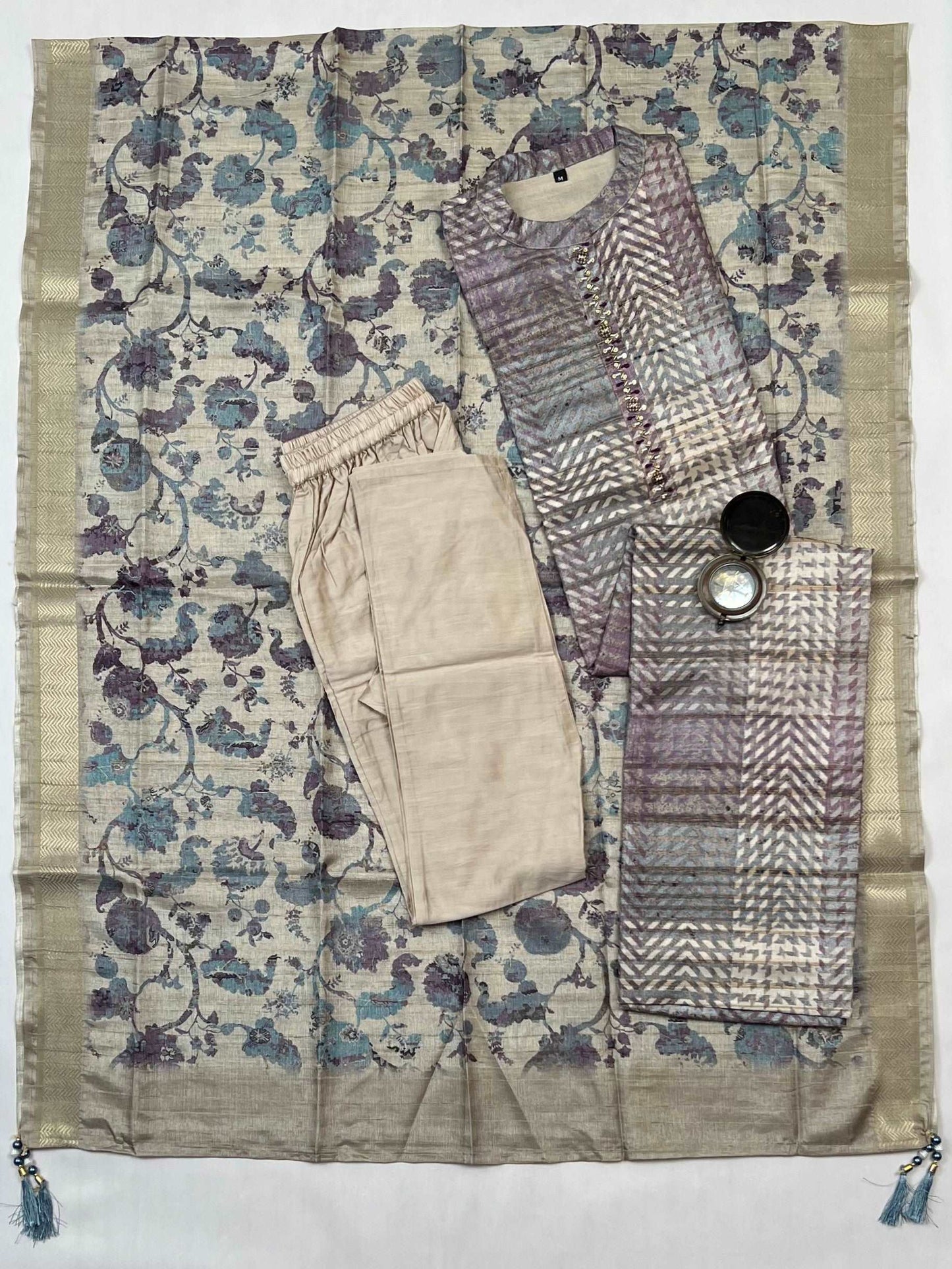 Purple with Chikoo Ready to Wear Silk Kurti Set