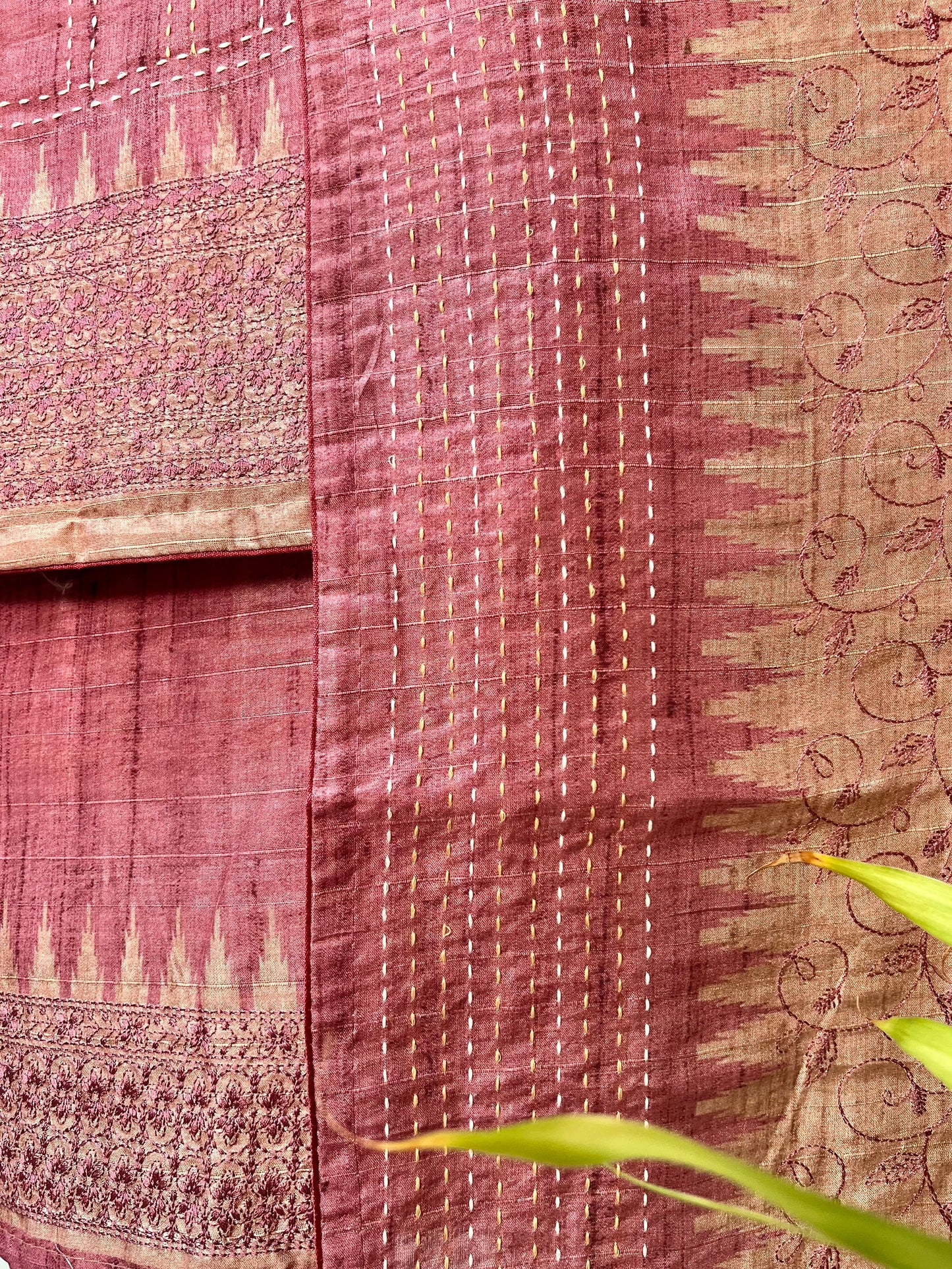 Gorgeous Pink and Chikoo Embroidery with Kantha Unstitched Salwar Set Geetha Creation