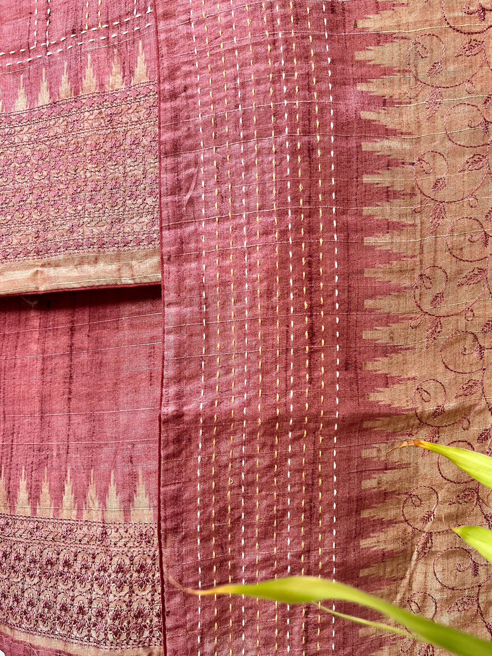 Gorgeous Pink and Chikoo Embroidery with Kantha Unstitched Salwar Set Geetha Creation