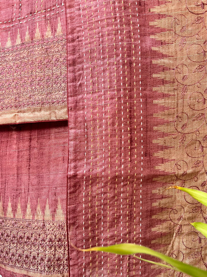Gorgeous Pink and Chikoo Embroidery with Kantha Unstitched Salwar Set Geetha Creation