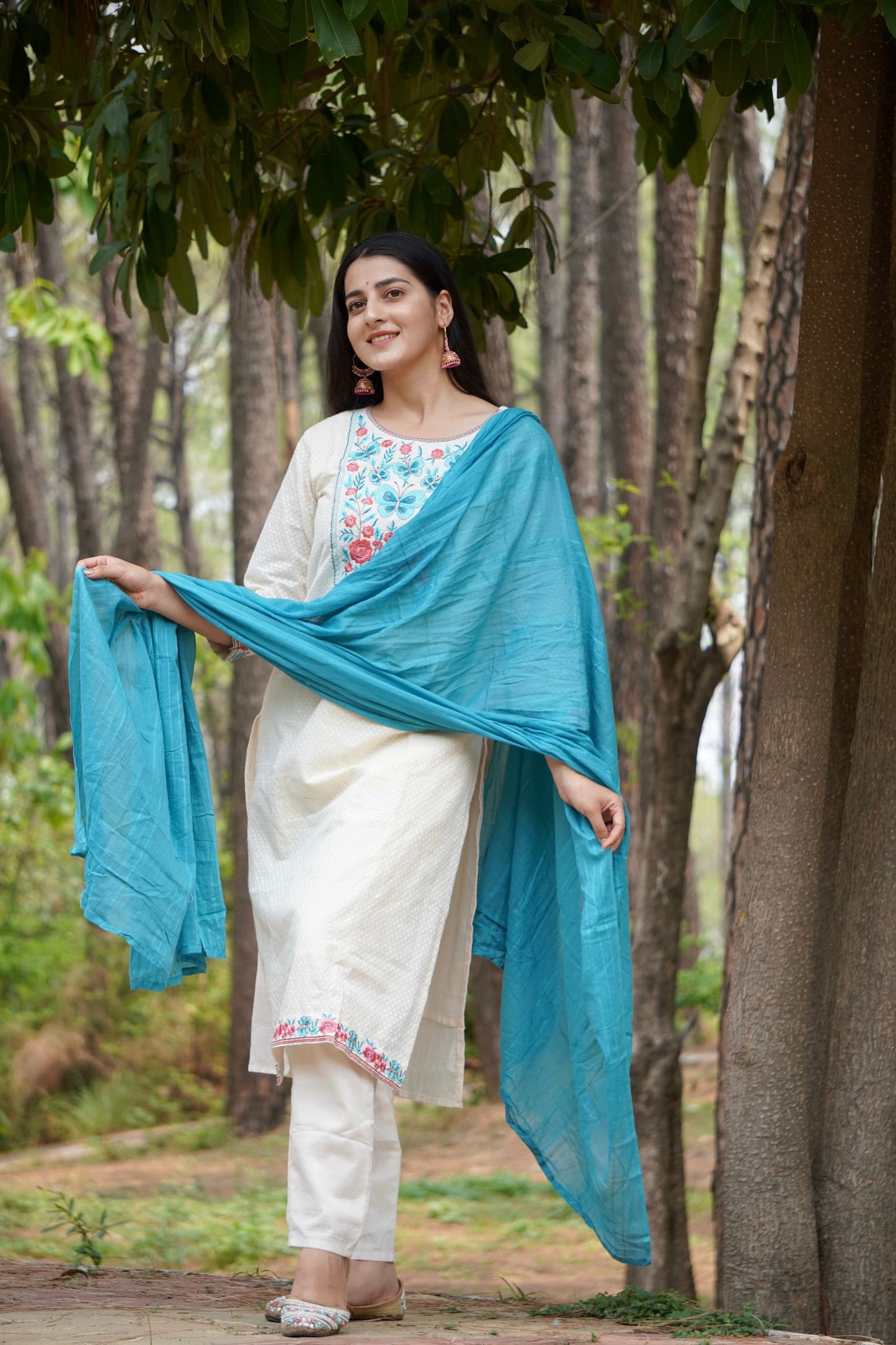 Dreamy Soft Teal and Cream Pure Cotton Kurti Set Geetha Creation