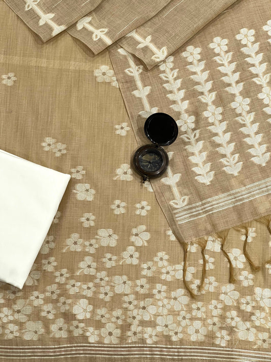 Sophisticated Brown Handloom Jacquard Floral Chanderi Suit Set HCS Geetha Creation