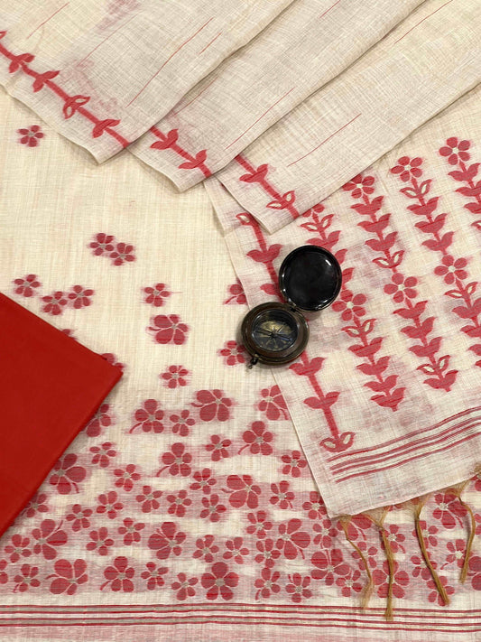Cherry and Cream Handloom Jacquard Floral Chanderi Suit Set HCS