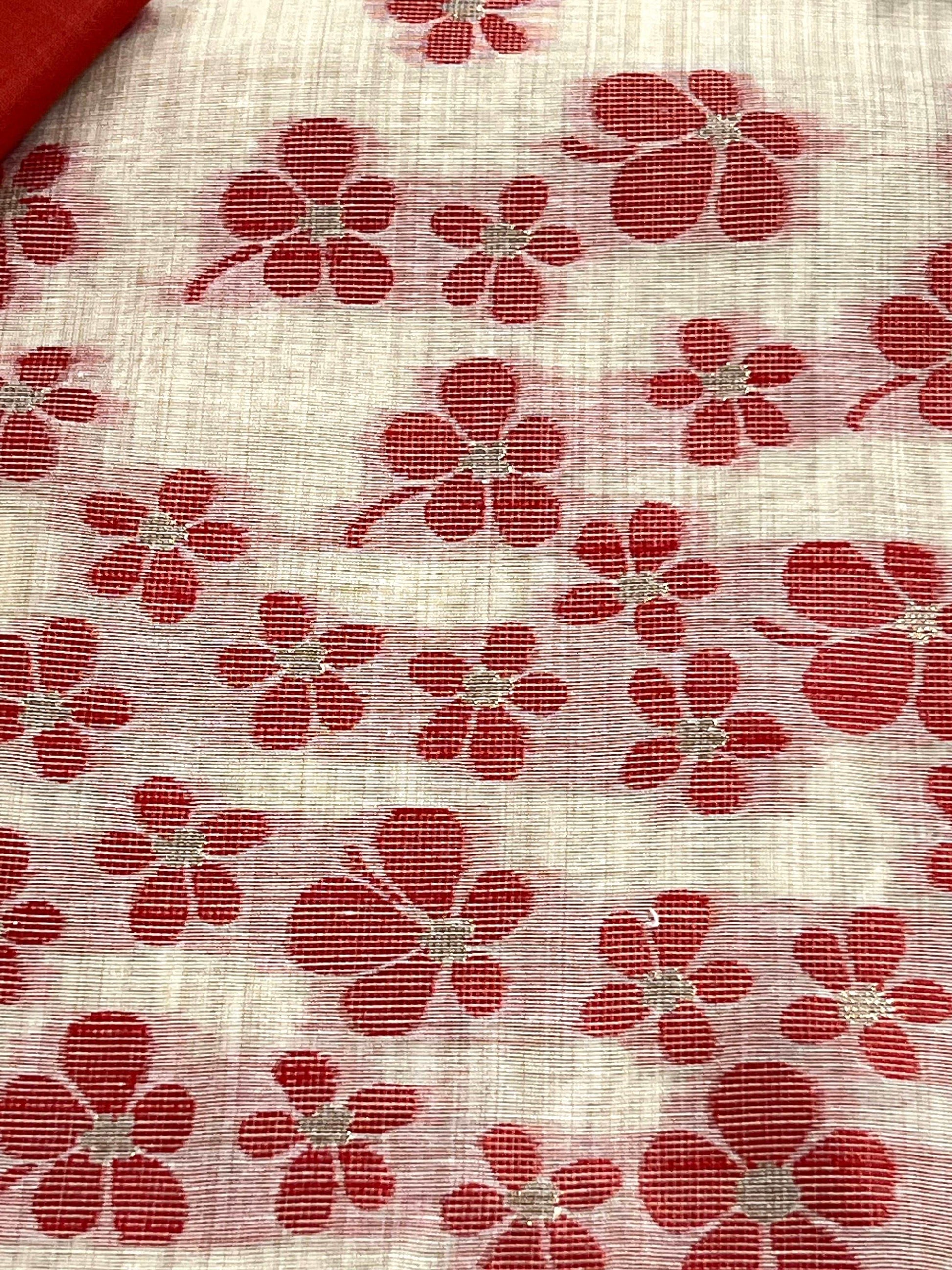 Cherry and Cream Handloom Jacquard Floral Chanderi Suit Set HCS