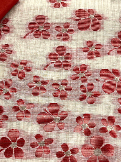 Cherry and Cream Handloom Jacquard Floral Chanderi Suit Set HCS