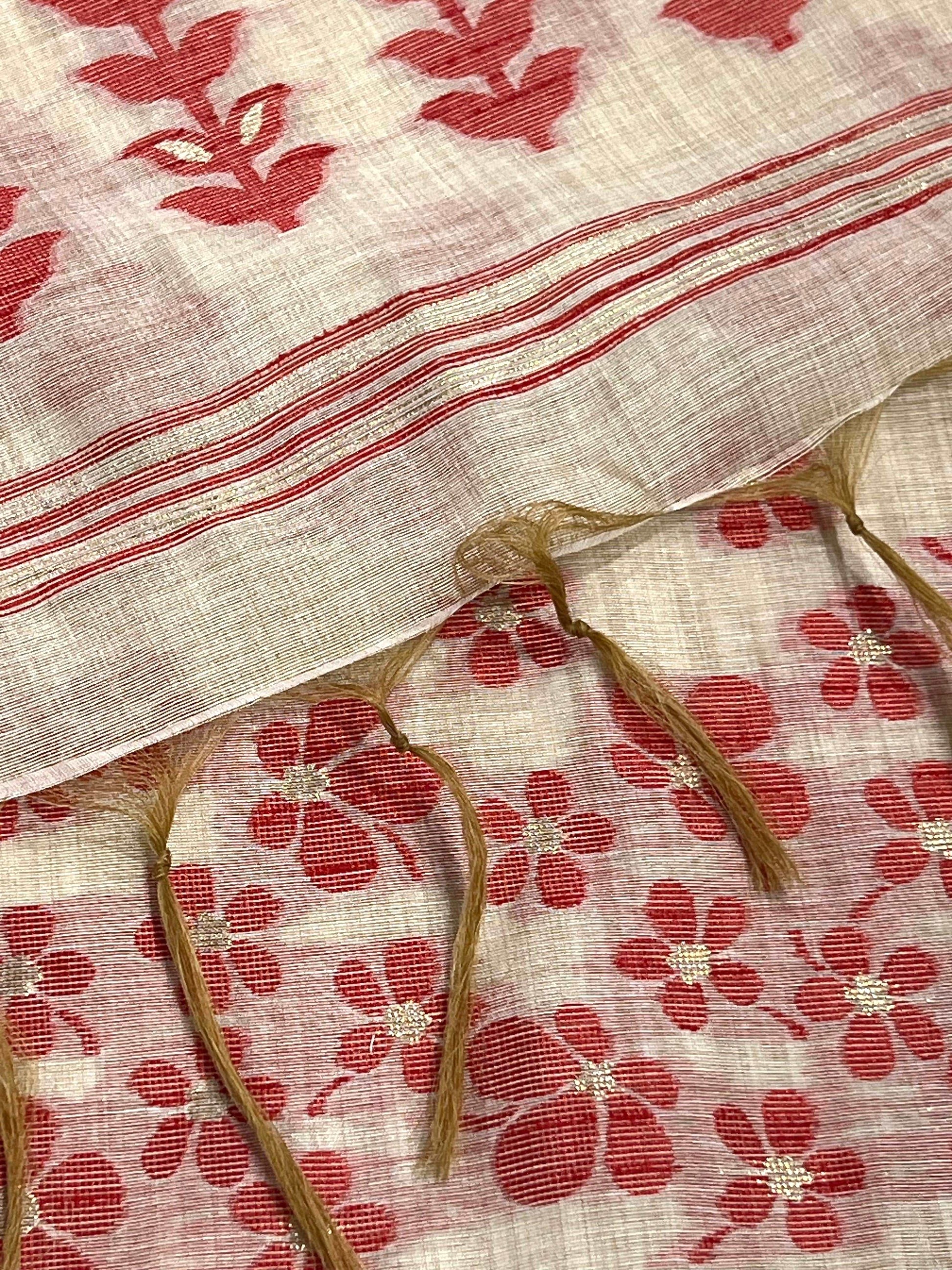 Cherry and Cream Handloom Jacquard Floral Chanderi Suit Set HCS