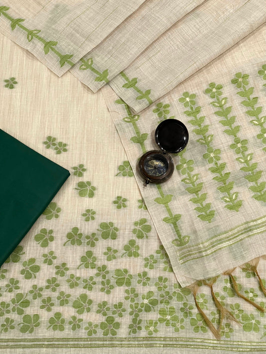 Jade and Cream Handloom Jacquard Floral Chanderi Suit Set HCS Geetha Creation