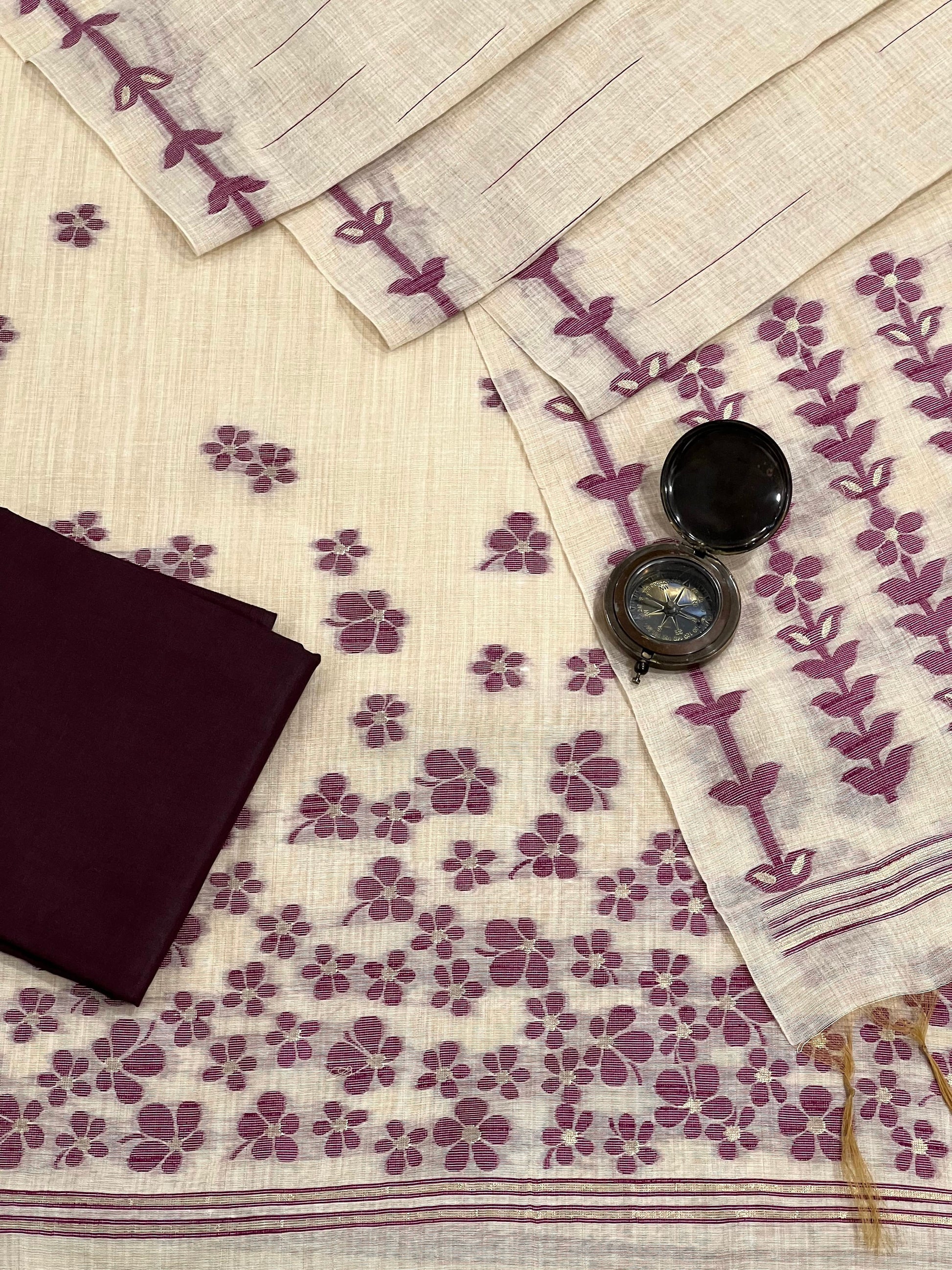 Wine and Cream Handloom Jacquard Floral Chanderi Suit Set HCS Geetha Creation