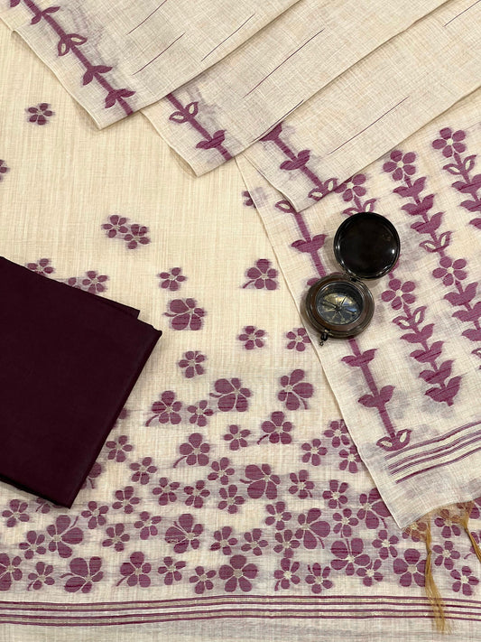 Wine and Cream Handloom Jacquard Floral Chanderi Suit Set HCS Geetha Creation