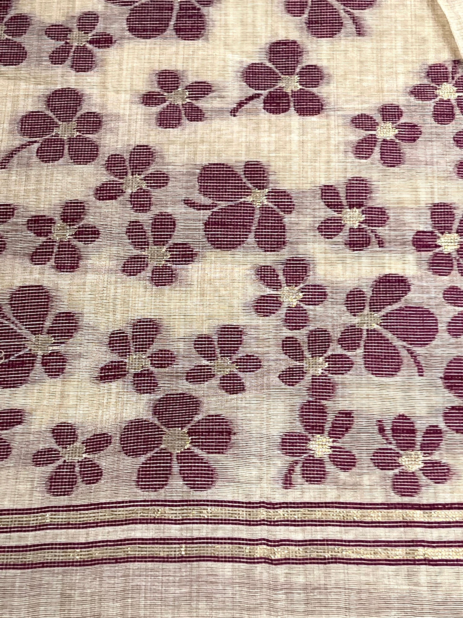 Wine and Cream Handloom Jacquard Floral Chanderi Suit Set HCS Geetha Creation