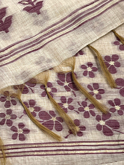 Wine and Cream Handloom Jacquard Floral Chanderi Suit Set HCS Geetha Creation