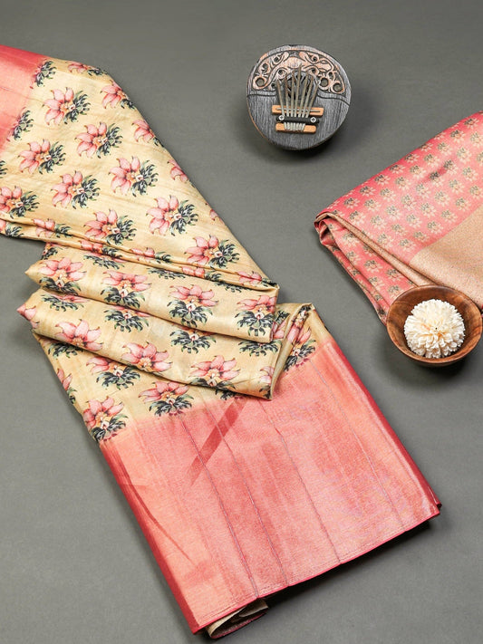 Yellow and Pink Floral Premium Bold Border Kotha Handloom Saree