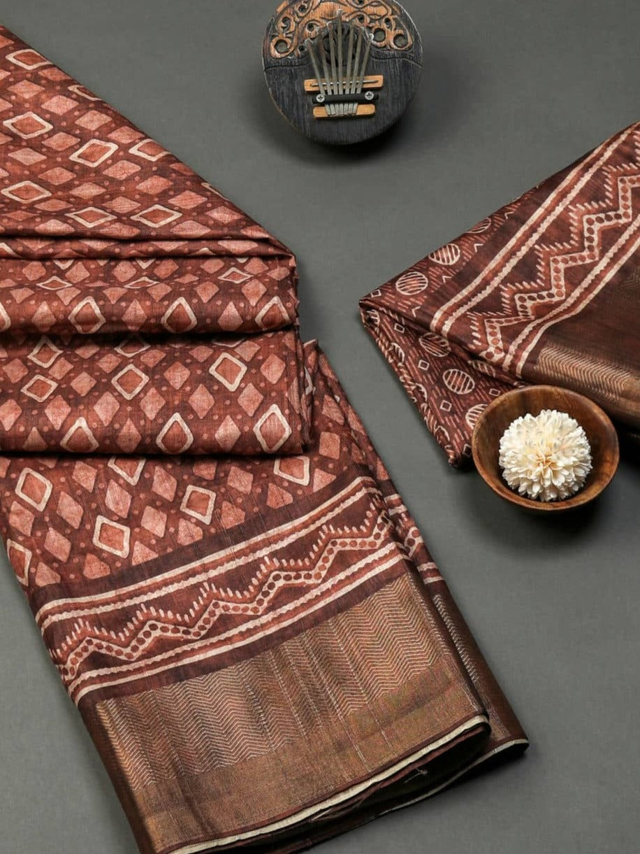 Subtle Brown Zig-Zag Patterned Border Chapa Handloom Saree