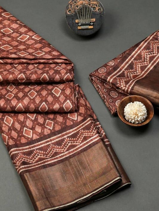 Subtle Brown Zig-Zag Patterned Border Chapa Handloom Saree