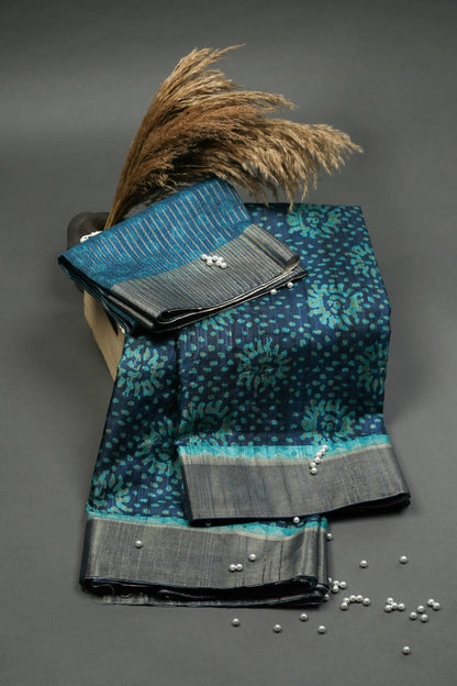 Spotted Indigo Chapa Handloom Tussar Saree C3 Geetha Creation