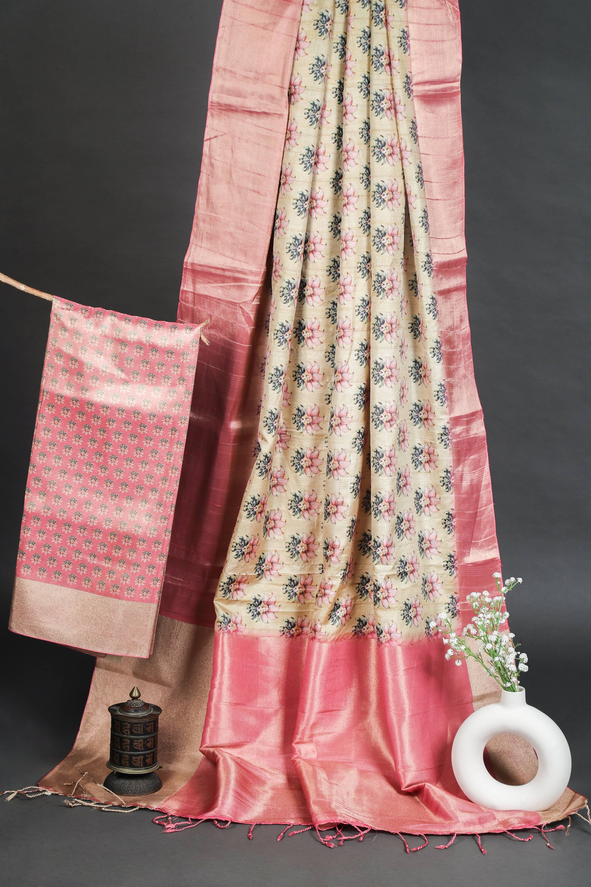 Yellow and Pink Floral Premium Bold Border Kotha Handloom Saree Geetha Creation