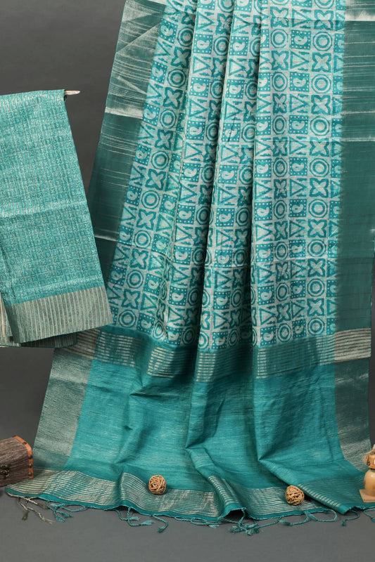 Caribbean Geometric Chapa Handloom Tussar Saree C2 Geetha Creation