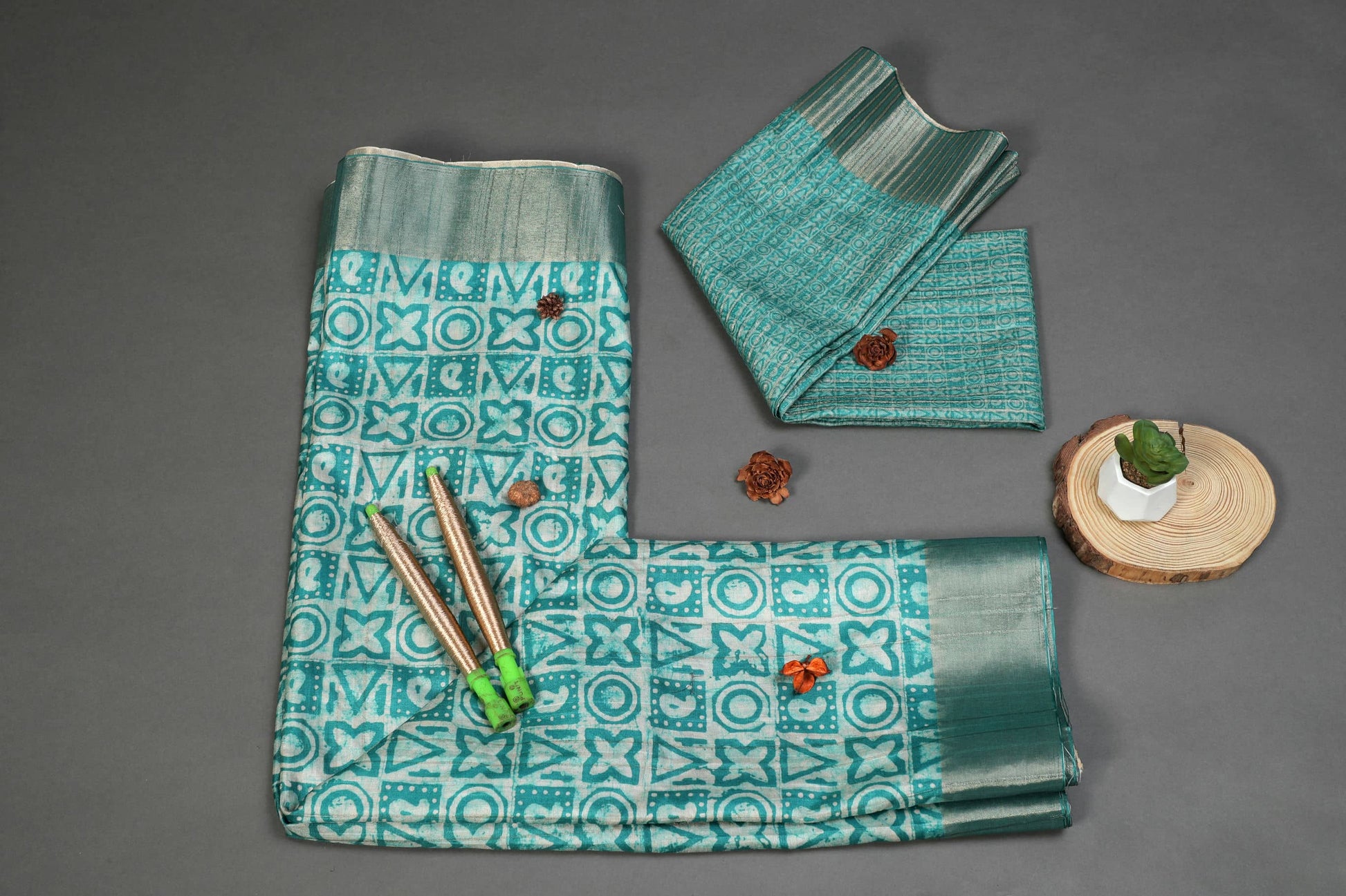Caribbean Geometric Chapa Handloom Tussar Saree C2 Geetha Creation