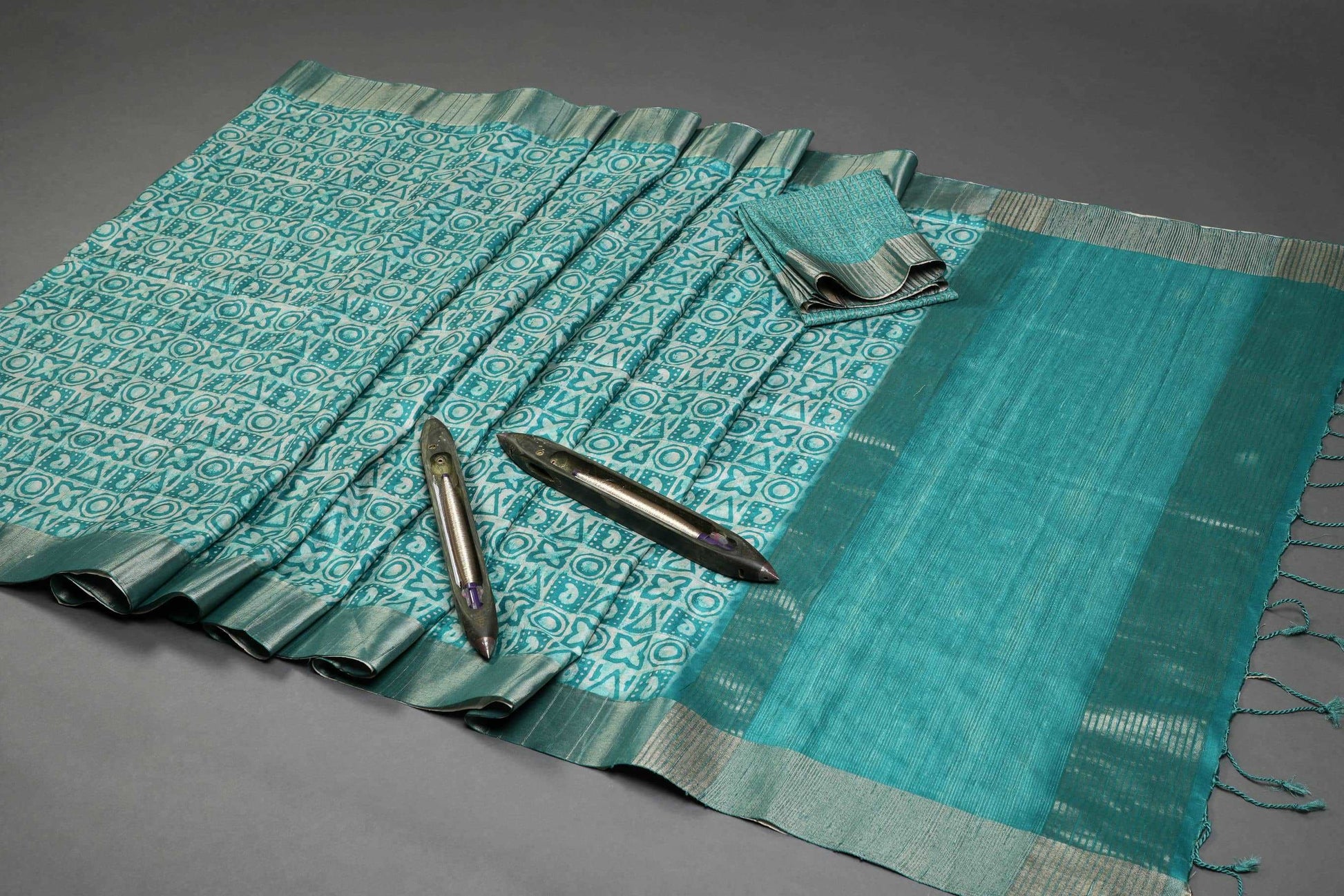Caribbean Geometric Chapa Handloom Tussar Saree C2