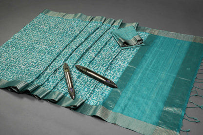 Caribbean Geometric Chapa Handloom Tussar Saree C2