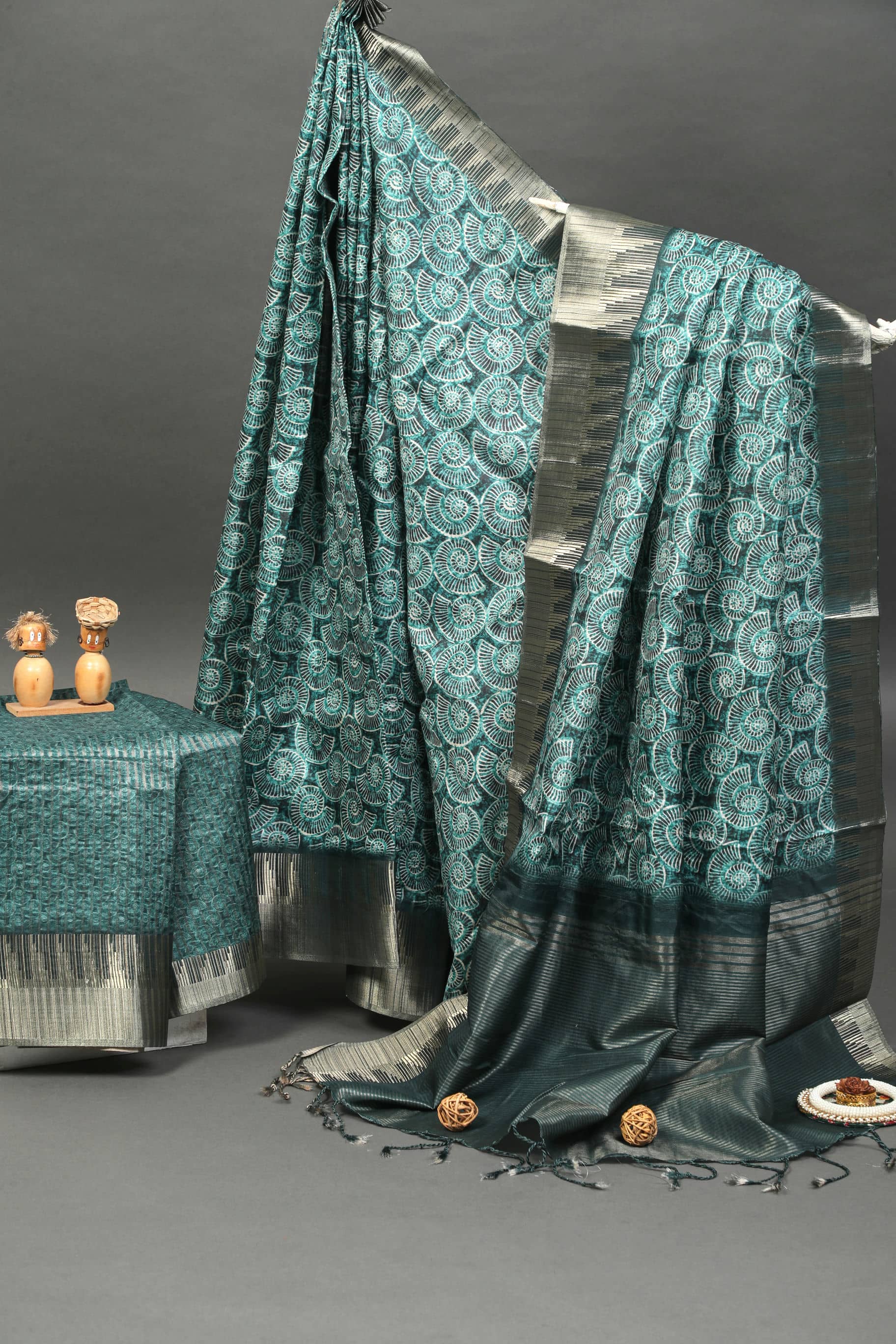 Ocean Marine Print Temple Border Chapa Handloom Tussar Saree Geetha Creation
