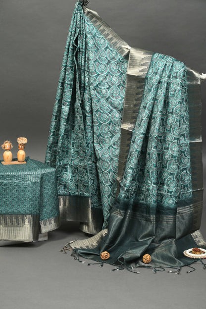 Ocean Marine Print Temple Border Chapa Handloom Tussar Saree Geetha Creation