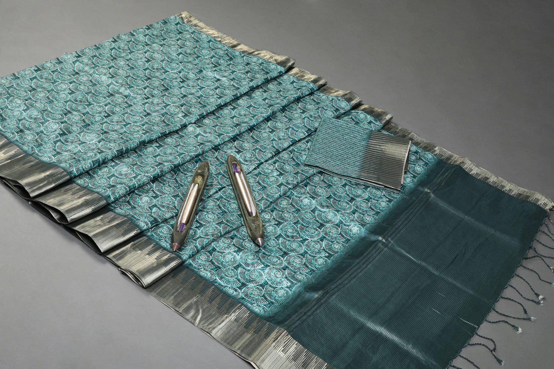 Ocean Marine Print Temple Border Chapa Handloom Tussar Saree Geetha Creation