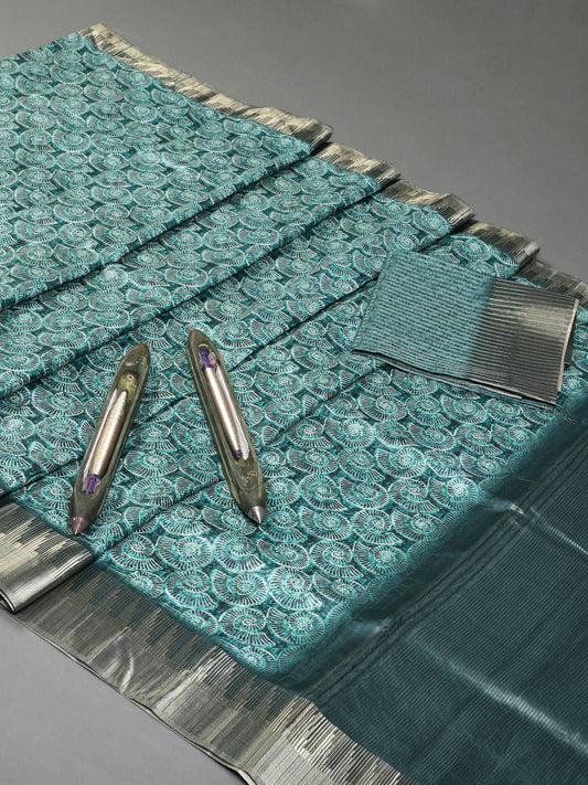 Ocean Marine Print Temple Border Chapa Handloom Tussar Saree