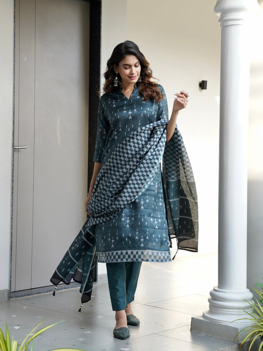 Earthscript Green Ready to Wear Silk Kurti Set