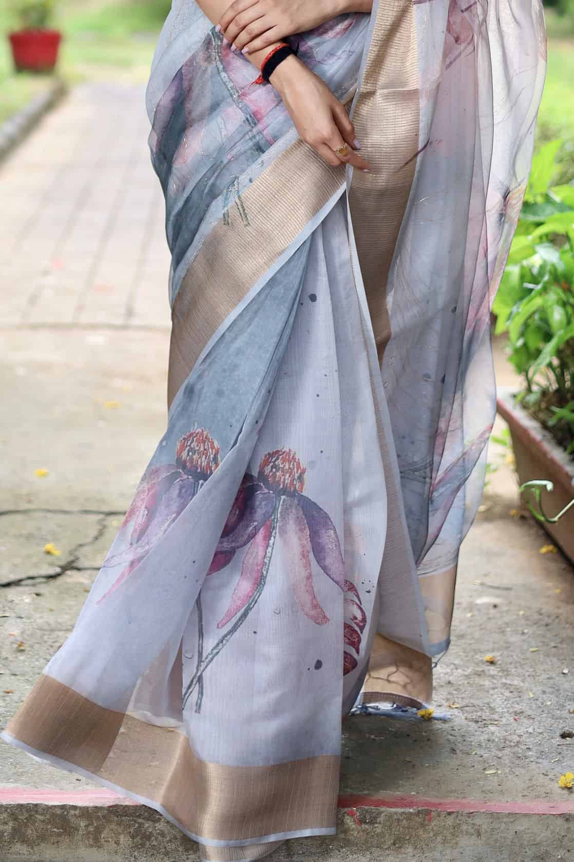 Super Rich Double Cloth Organza Saree - Light Grey Geetha Creation