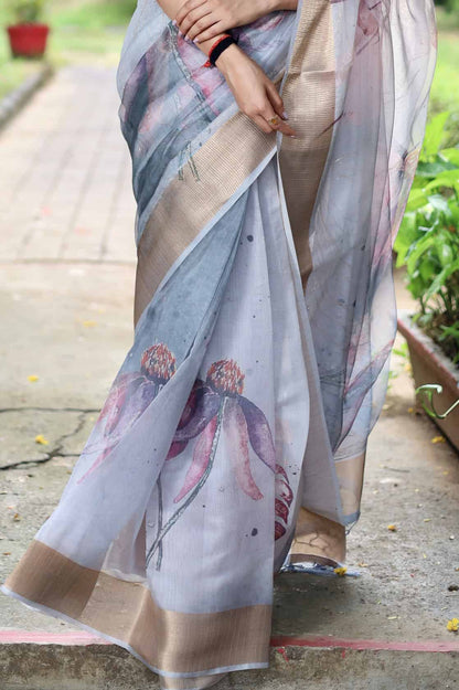 Super Rich Double Cloth Organza Saree - Light Grey Geetha Creation