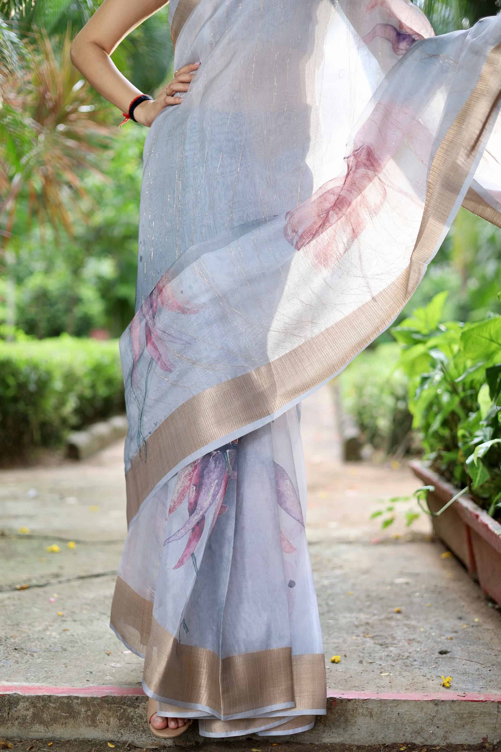 Super Rich Double Cloth Organza Saree - Light Grey Geetha Creation