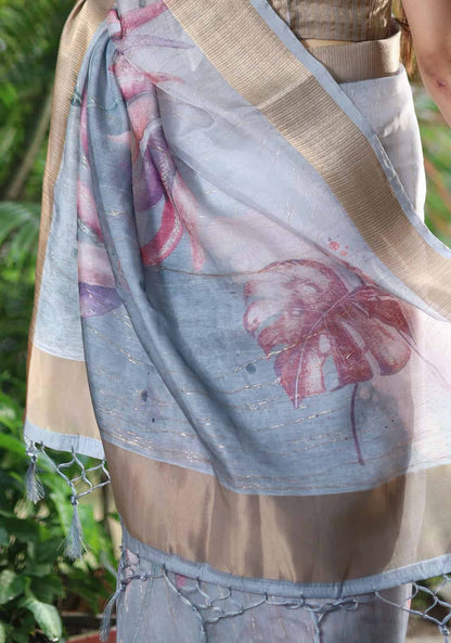 Super Rich Double Cloth Organza Saree - Light Grey Geetha Creation