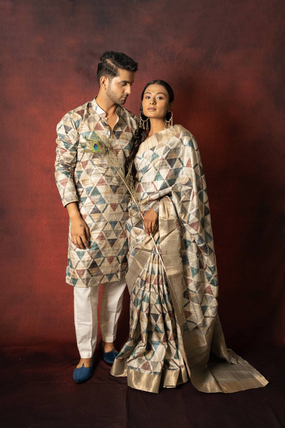 Geometric Triangular Twin Tussar Couple Outfits Geetha Creation