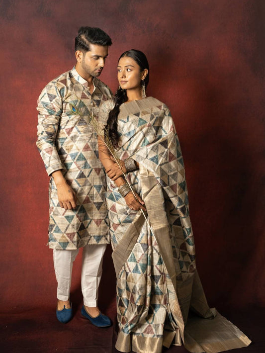 Geometric Triangular Twin Tussar Couple Outfits