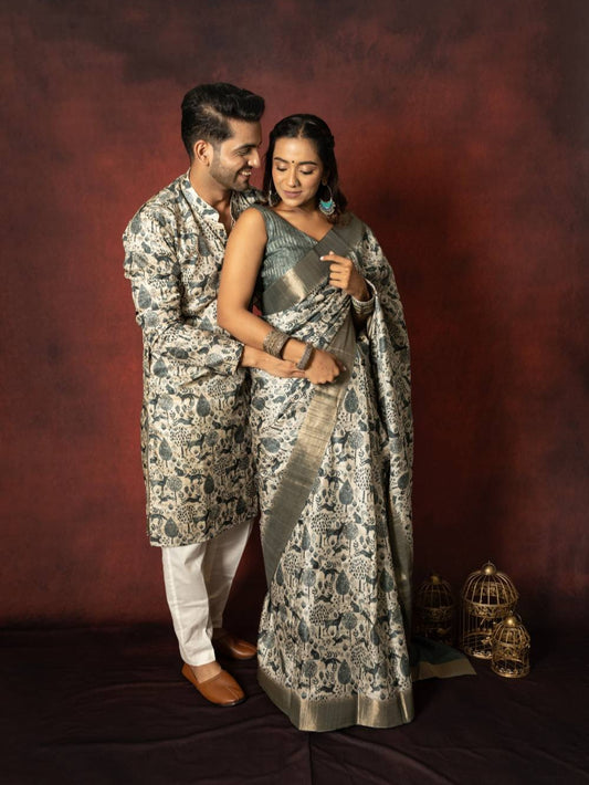 Tussar Floral Fusion Couple Outfit